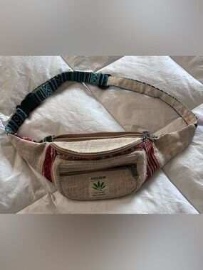 PURE HEMP Natural Canvas Boho Fanny Pack with Multicolor Adjustable Strap